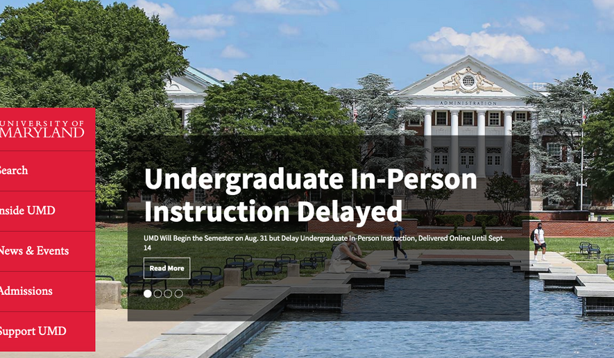 Screen capture from the University of Maryland&#39;s home page, announcing a two-week delay in the start of in-person classroom instruction. 