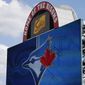 In this July 24, 2020, file photo, signage at Sahlen Field, home of the Toronto Blue Jays&#39; Triple-A affiliate, in Buffalo, N.Y., is viewed. The Blue Jays will walk onto the field Tuesday, Aug. 11, 2020, as the host team for the first time in 2020. (AP Photo/Jeffrey T. Barnes, File) **FILE**