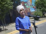 Democrat Rep. Ilhan Omar addresses media after lunch at the Mercado Central in Minneapolis Tuesday, Aug. 11, 2020, primary Election Day in Minnesota. (AP Photo/Jim Mone) ** FILE **