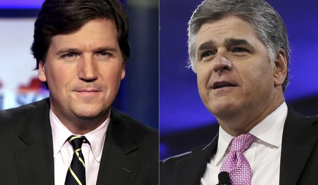 This combination photo shows, Tucker Carlson, host of &amp;quot;Tucker Carlson Tonight,&amp;quot;  left, and Sean Hannity, host of &amp;quot;Hannity&amp;quot; on Fox News. The Fox News and Fox Business channels are going international. A digital streaming service with the pair will launch in Mexico this month, expanding to Spain, Germany and the United Kingdom in September. (AP Photo)