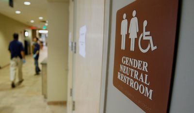 In this Aug. 23, 2007, file photo, a sign marks the entrance to a gender-neutral restroom at the University of Vermont in Burlington, Vt. (AP Photo/Toby Talbot, File)