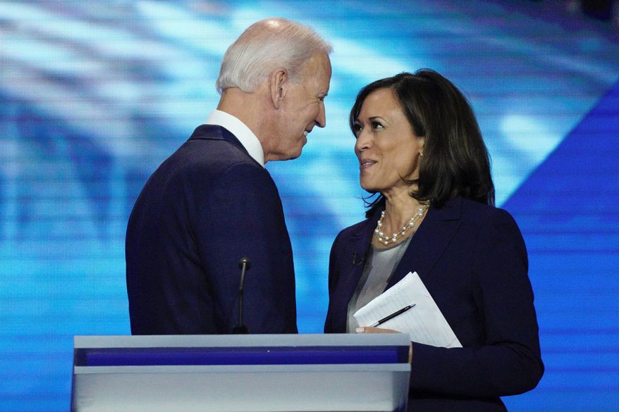 One analyst says calling the Democratic presidential ticket moderate is inaccurate because Sen. Kamala D. Harris supported progressive bills. (Associated Press)