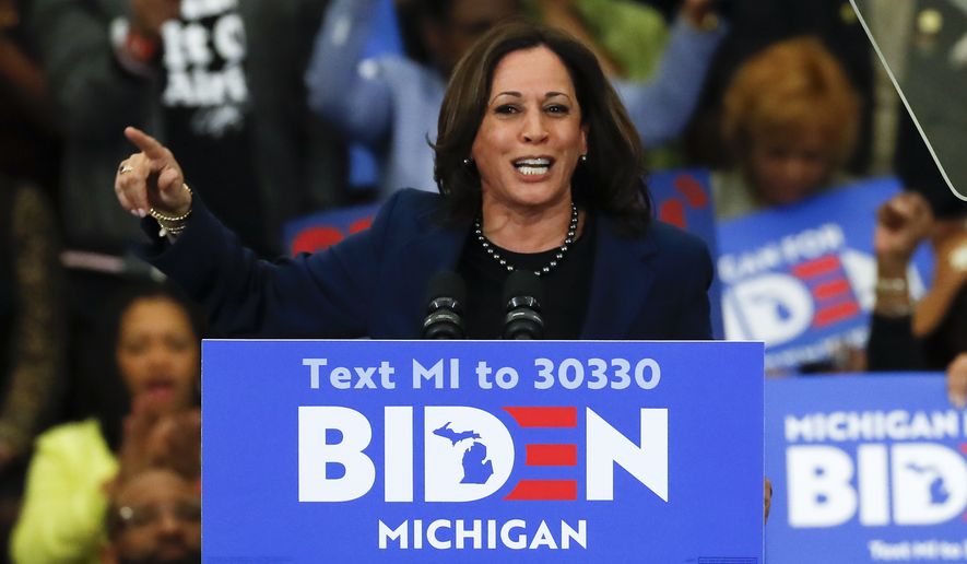 In this March 9, 2020, file photo, Sen. Kamala Harris, D-Calif., speaks at a campaign rally for Democratic presidential candidate former Vice President Joe Biden at Renaissance High School in Detroit. (AP Photo/Paul Sancya, File)