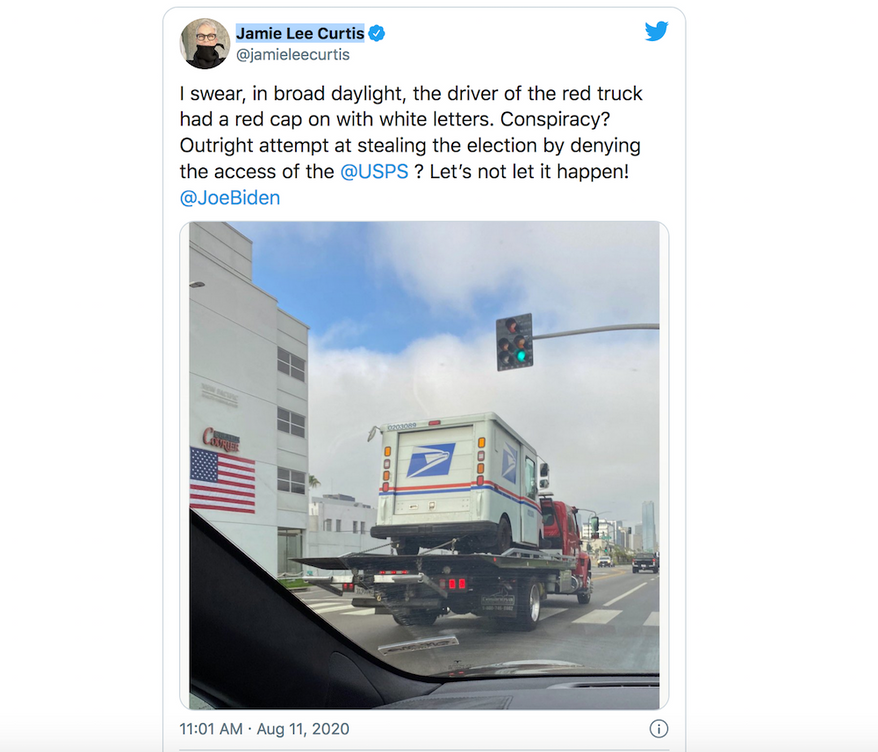 Actress Jamie Lee Curtis warns her Twitter followers that President Trump&#x27;s supporters may steal mail trucks in an effort to sway the 2020 presidential election, Aug. 11, 2020. (Image: Twitter, Jamie Lee Curtis)