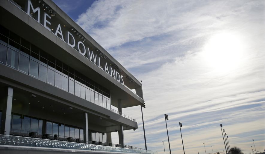 FILE - This Nov. 20, 2013 file photo shows the Meadowlands race track in East Rutherford, N.J. Two years after filing a first-of-its-kind lawsuit, an aggrieved harness-racing bettor has received $20,000 in the settlement of his claims that he was cheated out of his winnings when a doped horse won a race in New Jersey in 2016. The settlement was reached in July 2020. (AP Photo/Mel Evans, File)