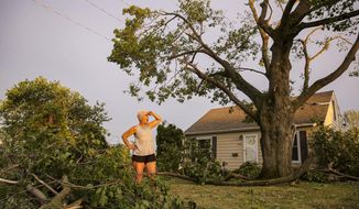 Laurie Berdahl stands in her front yard beginning to clean up downed limbs around her home, Monday, Aug. 10, 2020, in Cedar Rapids, Iowa. Berdahl&#39;s home suffered only minor damage but like most of the city she was without power. (Andy Abeyta/The Gazette via AP)