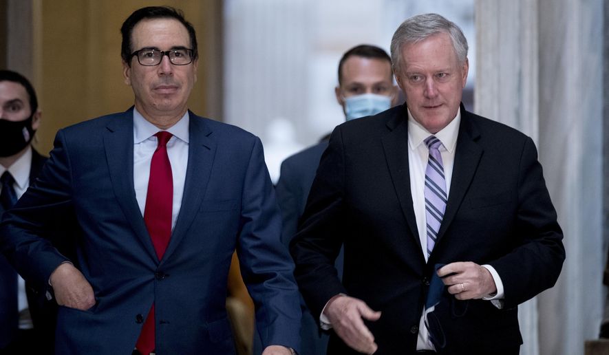 Treasury Secretary Steven Mnuchin, left, and White House Chief of Staff Mark Meadows, right, walk out of a meeting with House Speaker Nancy Pelosi of Calif. and Senate Minority Leader Sen. Chuck Schumer of N.Y. as they continue to negotiate a coronavirus relief package on Capitol Hill in Washington, Friday, Aug. 7, 2020. (AP Photo/Andrew Harnik) ** FILE **