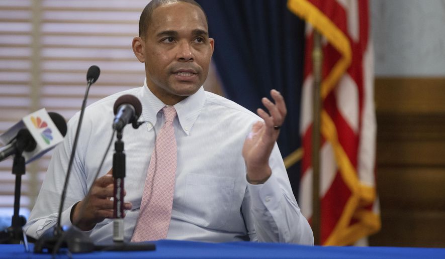 Chris Brown, with the University of Kansas Medical Center, speaks about working on the front lines treating COVID-19 patients during a press briefing at the Statehouse, Wednesday, Aug. 12, 2020, in Topeka, Kan. (Evert Nelson/The Topeka Capital-Journal via AP)