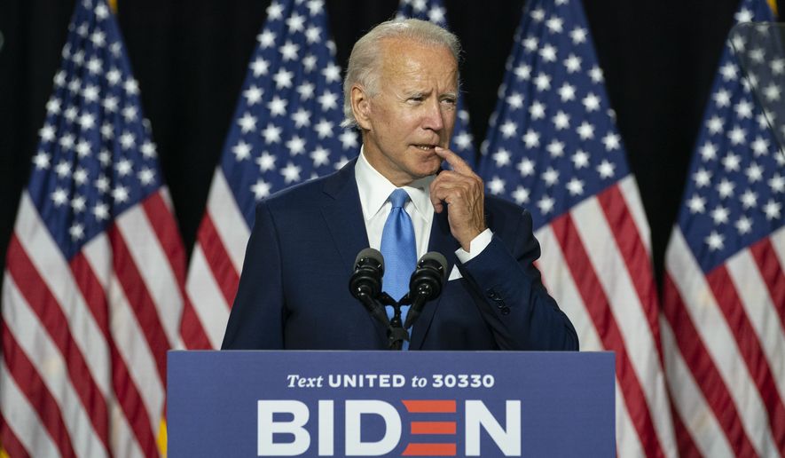 Democratic presidential candidate former Vice President Joe Biden speaks during a campaign event at Alexis Dupont High School in Wilmington, Del., Wednesday, Aug. 12, 2020. (AP Photo/Carolyn Kaster)