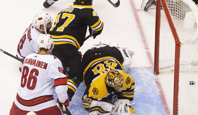 Boston Bruins goaltender Tuukka Rask (40) watches the puck cross the line on what would be ruled no goal due to goalie interference as Carolina Hurricanes&#x27; Teuvo Teravainen (86), Hurricanes&#x27; Jordan Martinook (48) and Bruins&#x27; Torey Krug (47) look on during third-period NHL hockey first-round Stanley Cup playoff action in Toronto, Thursday, Aug. 13, 2020. (Chris Young/The Canadian Press via AP)