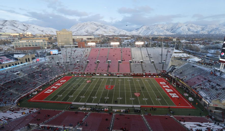 FILE - Rice-Eccles Stadium is shown before the start of an NCAA college football game between Colorado and Utah Saturday, Nov. 30, 2019, in Salt Lake City. Losing college football stings across America. While every aspect of society has been jarred by a worldwide pandemic that has claimed more than 160,000 American lives, the potential loss of college football feels like another collective punch to the national psyche. (AP Photo/Rick Bowmer, File)