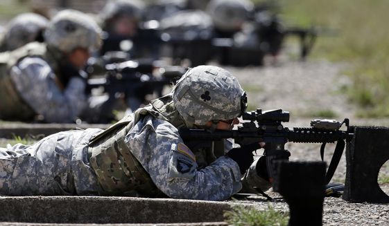 In this Sept. 18, 2012, photo, female soldiers from 1st Brigade Combat Team, 101st Airborne Division train on a firing range while testing new body armor in Fort Campbell, Ky. (AP Photo/Mark Humphrey) ** FILE **