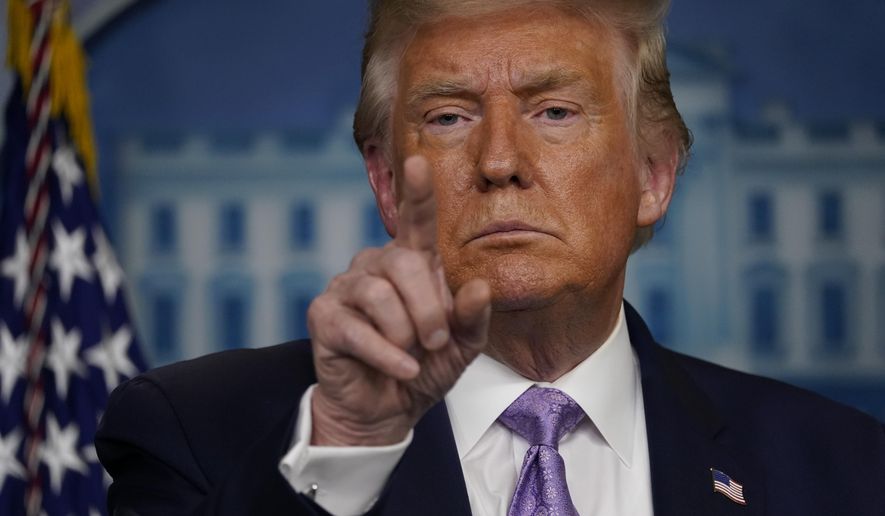 President Donald Trump speaks at a news conference in the James Brady Press Briefing Room at the White House, Thursday, Aug. 13, 2020, in Washington. (AP Photo/Andrew Harnik)