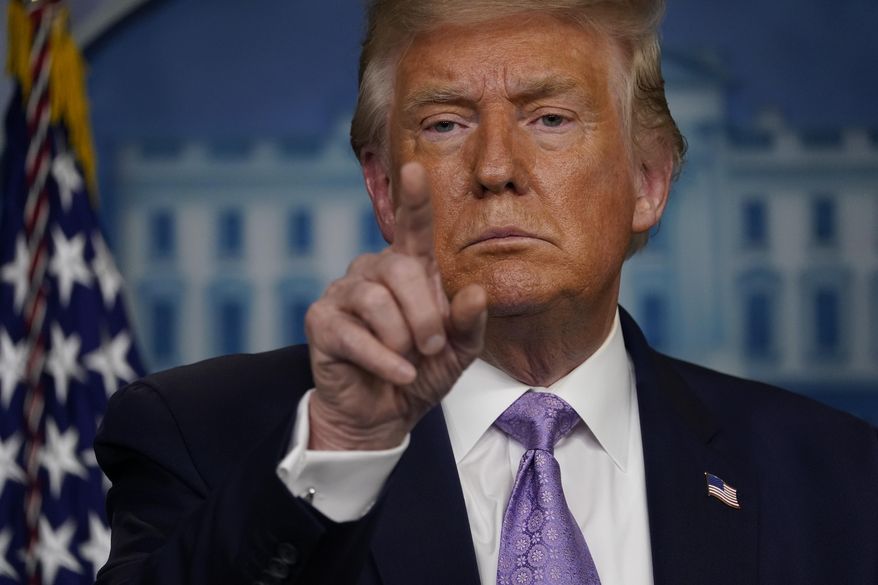President Donald Trump speaks at a news conference in the James Brady Press Briefing Room at the White House, Thursday, Aug. 13, 2020, in Washington. (AP Photo/Andrew Harnik)