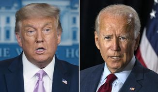 In this combination photo, President Donald Trump, left, speaks at a news conference on Aug. 11, 2020, in Washington and Democratic presidential candidate former Vice President Joe Biden speaks in Wilmington, Del. on Aug. 13, 2020. (AP Photo) ** FILE **