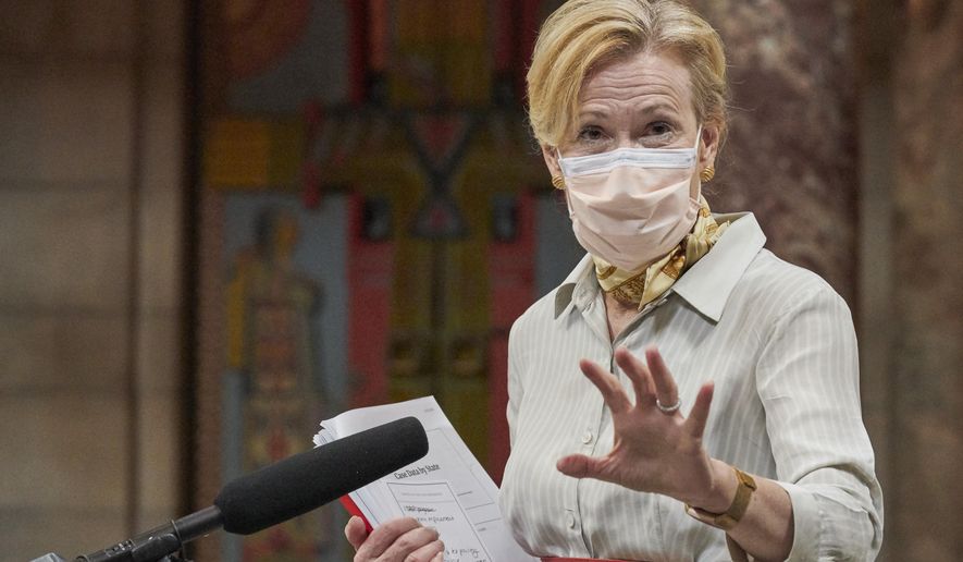 White House Coronavirus Response Coordinator Dr. Deborah Birx speaks to reporters in the rotunda of the State Capitol in Lincoln, Neb., Friday, Aug. 14, 2020, after meeting with Gov. Pete Ricketts and community and state health officials. (AP Photo/Nati Harnik)