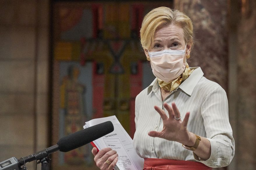White House Coronavirus Response Coordinator Dr. Deborah Birx speaks to reporters in the rotunda of the State Capitol in Lincoln, Neb., Friday, Aug. 14, 2020, after meeting with Gov. Pete Ricketts and community and state health officials. (AP Photo/Nati Harnik)