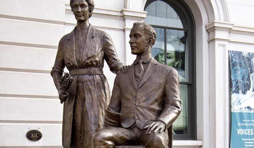 A statue of Febb Ensminger Burn and her son, Harry Burn, stands in downtown Knoxville, Tenn., on Feb. 3, 2020. Women in the United States were guaranteed the right to vote with ratification of the 19th Amendment — secured by a 24-year-old Tennessee legislator's decisive vote, cast at the bidding of his mother. (Brianna Paciorka/Knoxville News Sentinel via AP)