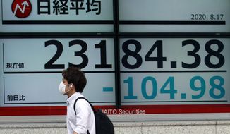 A man walks past an electronic stock board showing Japan&#39;s Nikkei 225 index at a securities firm in Tokyo Monday, Aug. 17, 2020. Japanese stocks sank while other Asian markets gained Monday after Japan reported a record economic contraction as the coronavirus pandemic weighed on retailing, investment and exports. (AP Photo/Eugene Hoshiko)