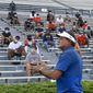 Auburn coach Gus Malzahn talks to players during the first team meeting of the season for the NCAA college football team, Sunday, Aug. 16, 2020, in Auburn, Ala. (AP Photo/Todd Van Emst via AP)