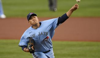 Toronto Blue Jays starting pitcher Hyun-Jin Ryu, of South Korea, delivers during the first inning of a baseball game against the Baltimore Orioles, Monday, Aug. 17, 2020, in Baltimore. (AP Photo/Nick Wass)