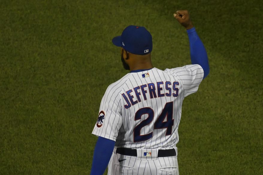 Chicago Cubs relief pitcher Jeremy Jeffress (24) pumps his fist at the end of Game 2 of a baseball doubleheader against the St. Louis Cardinals, Monday, Aug. 17, 2020, in Chicago. (AP Photo/Matt Marton)  **FILE**