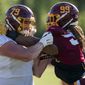 Washington offensive tackle Paul Adams (79) and defensive end Chase Young (99) during practice at the team&#39;s NFL football training facility, Tuesday, Aug. 18, 2020, in Ashburn, Va. (AP Photo/Alex Brandon)