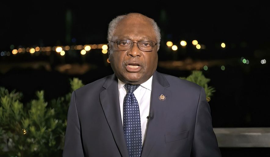 In this image from video, Majority Whip Rep. Jim Clyburn, D-S.C., speaks from Charleston, S.C., during the first night of the Democratic National Convention on Monday, Aug. 17, 2020. (Democratic National Convention via AP)