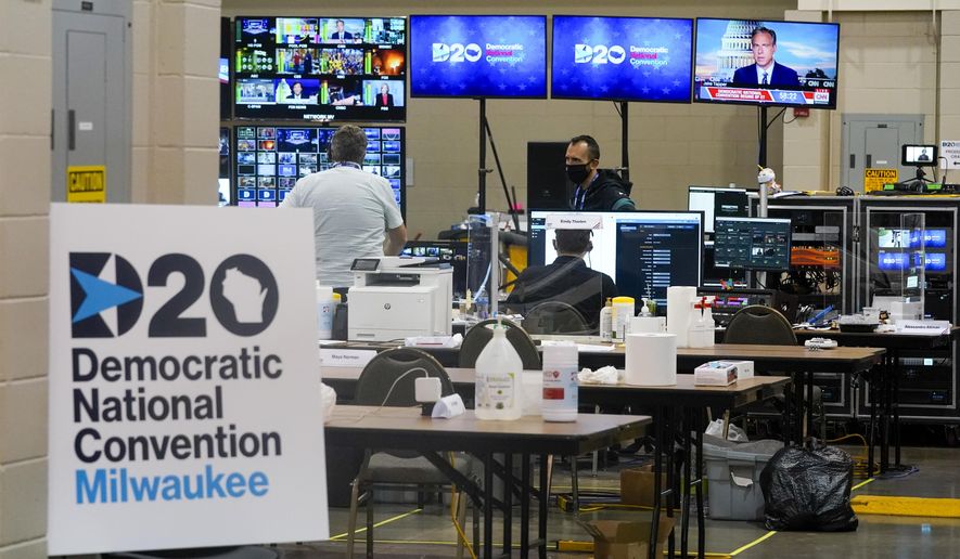 The control room for the Democratic National Convention is seen before the start of the convention Monday, Aug. 17, 2020, in Milwaukee. (AP Photo/Morry Gash)