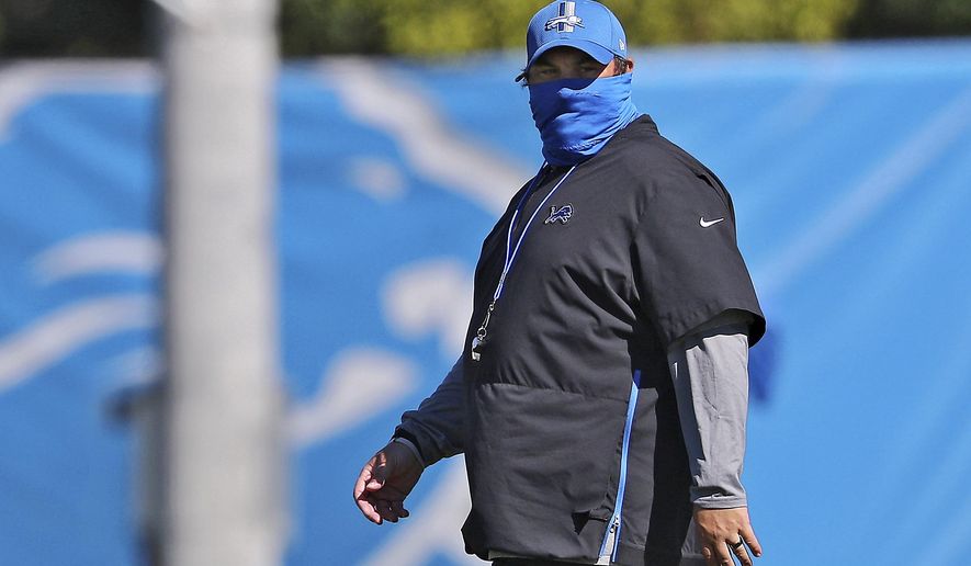 Detroit Lions coach Matt Patricia looks on during NFL football training camp in Allen Park, Mich., Tuesday, Aug. 18, 2020. (Mike Mulholland/The Grand Rapids Press via AP, Pool)