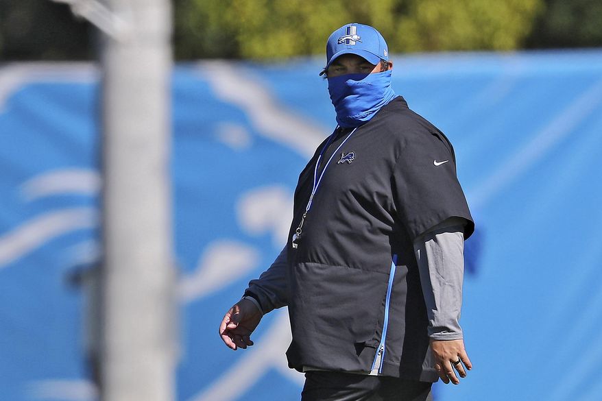 Detroit Lions coach Matt Patricia looks on during NFL football training camp in Allen Park, Mich., Tuesday, Aug. 18, 2020. (Mike Mulholland/The Grand Rapids Press via AP, Pool)