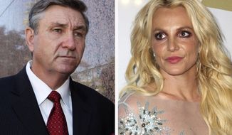 This combination photo shows Jamie Spears, left, father of Britney Spears, as he leaves the Stanley Mosk Courthouse on Oct. 24, 2012, in Los Angeles and Britney Spears at the Clive Davis and The Recording Academy Pre-Grammy Gala on Feb. 11, 2017, in Beverly Hills, Calif.. Britney Spears is asking a court to curb her father&#39;s control over her life and career. In documents filed Tuesday, Aug. 18, 2020, Spears asked that her father not return to the role of conservator of her person, which gave him power over her life decisions from 2008 until 2019, when he temporarily stepped aside.  (AP Photo)