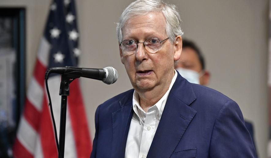 Senate Majority Leader Mitch McConnell, R-Ky., speaks with reporters during a visit to the Boundary Oak Distillery in Radcliff, Ky., Wednesday, Aug. 19, 2020. (AP Photo/Timothy D. Easley)