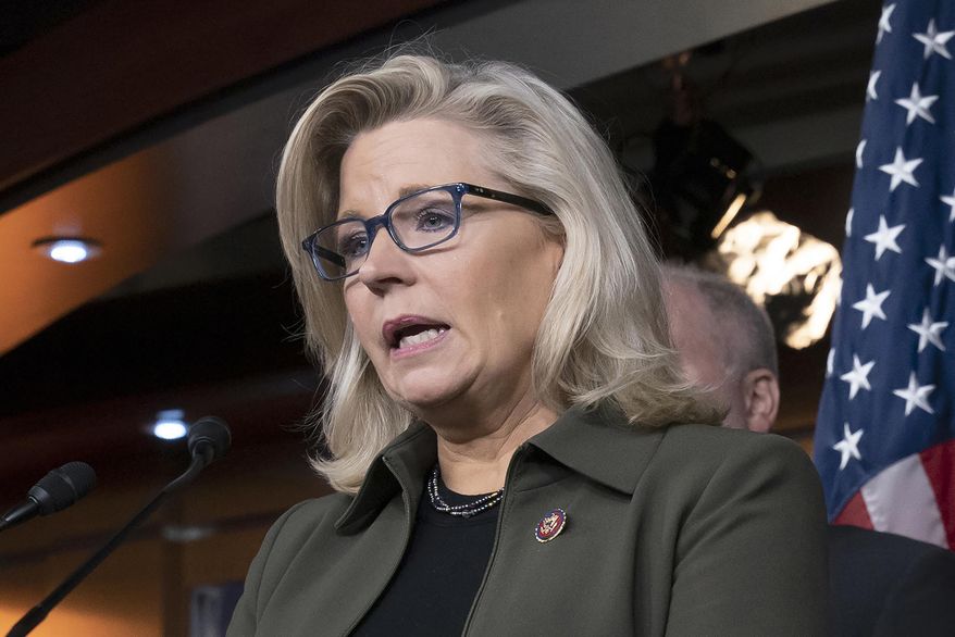 In this Dec. 17, 2019 file photo, Rep. Liz Cheney, R-Wyo., speaks with reporters at the Capitol in Washington.   (AP Photo/J. Scott Applewhite, File)  **FILE**