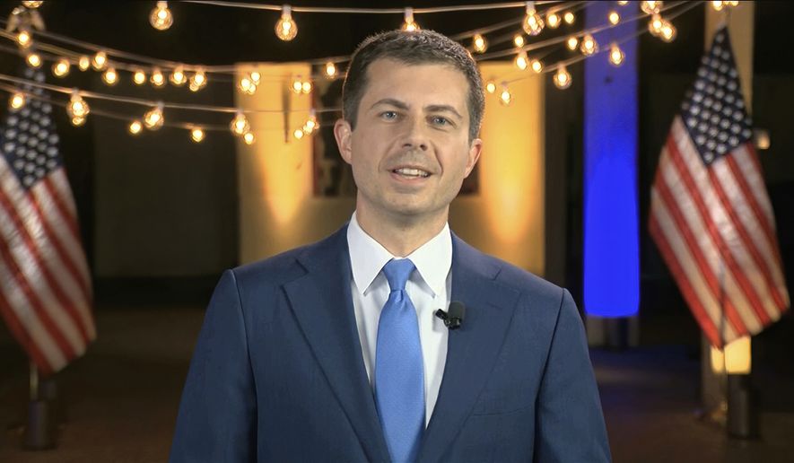 In this image from video, former South Bend Mayor Pete Buttigieg speaks during the fourth night of the Democratic National Convention on Thursday, Aug. 20, 2020. (Democratic National Convention via AP)