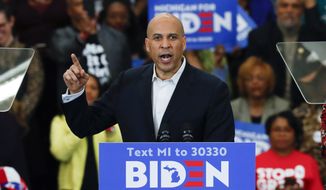 In this March 9, 2020 file photo, Sen. Cory Booker D-N.J., speaks at a campaign rally for Democratic presidential candidate former Vice President Joe Biden at Renaissance High School in Detroit. (AP Photo/Paul Sancya) ** FILE **