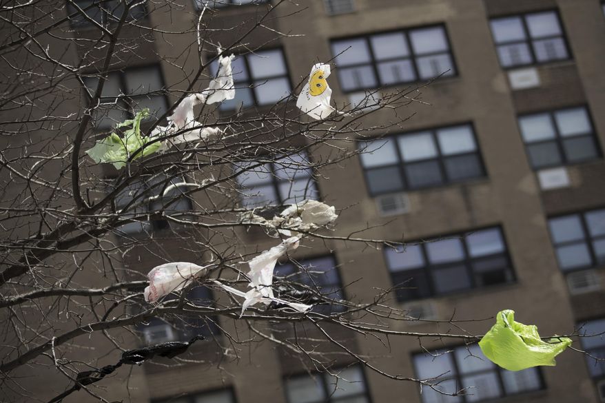 FILE- In this March 27, 2019 file photo, plastic bags are tangled in the branches of a tree in New York City&#x27;s East Village neighborhood. New York&#x27;s never-enforced ban on single-use plastic bags has survived a lawsuit lodged by a plastic bag manufacturer and convenience store owners, but a state judge ruled Thursday, Aug. 20, 2020, that state regulators went too far by allowing stores to hand out thicker plastic bags.. (AP Photo/Mary Altaffer, File)