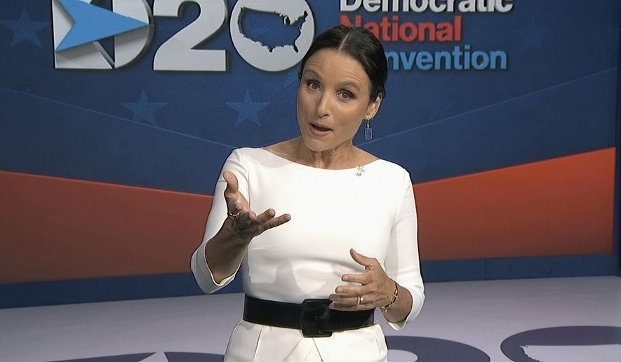 In this image from video, Julia Louis-Dreyfus, serving as moderator, speaks during the fourth night of the Democratic National Convention on Thursday, Aug. 20, 2020. (Democratic National Convention via AP)