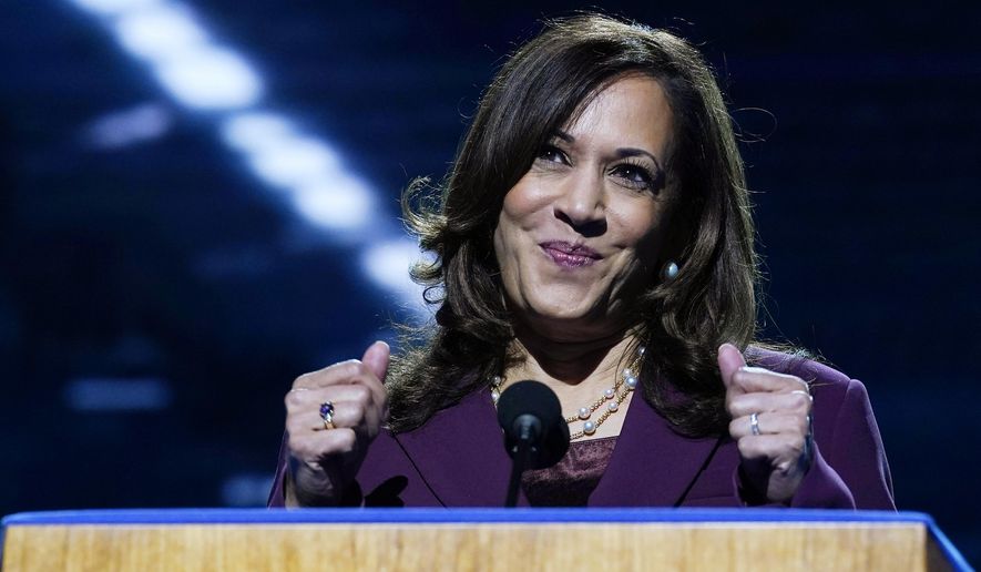 Democratic vice presidential candidate Sen. Kamala Harris, D-Calif., speaks during the third day of the Democratic National Convention, Wednesday, Aug. 19, 2020, at the Chase Center in Wilmington, Del. (AP Photo/Carolyn Kaster)