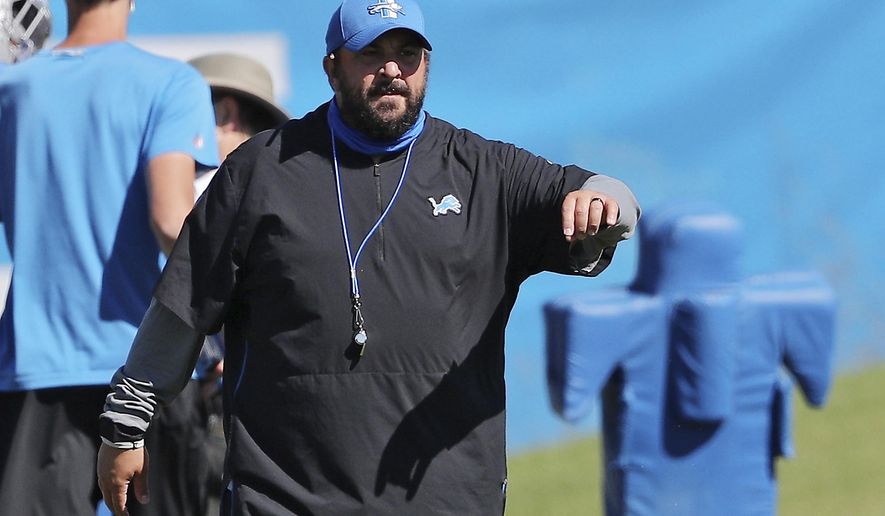 Detroit Lions coach Matt Patricia calls out a drill change during their NFL football training camp practice in Allen Park, Mich., on Tuesday, Aug. 18, 2020. ()Mike Mulholland/The Grand Rapids Press via AP, Pool)
