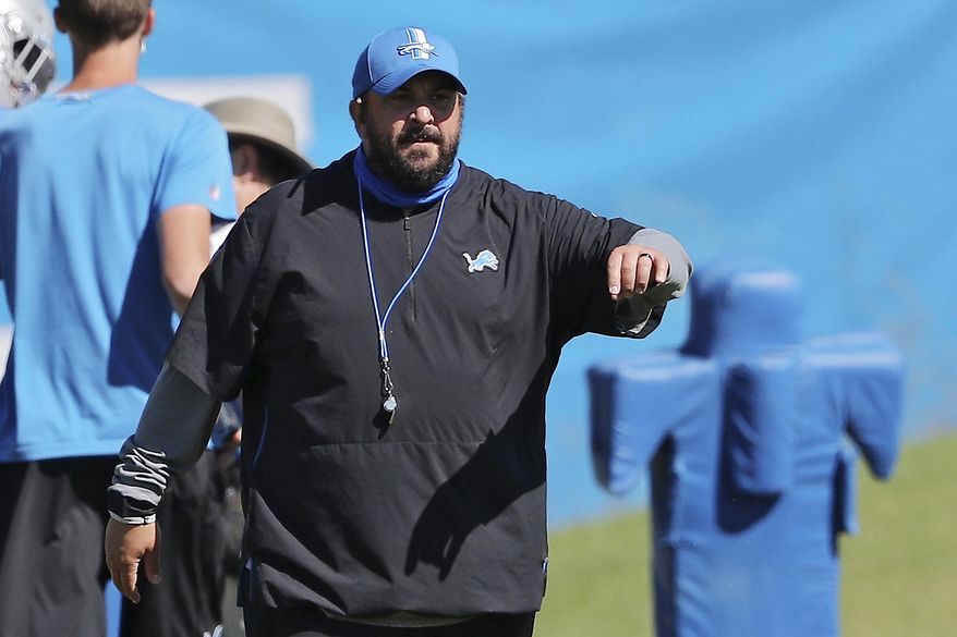 Detroit Lions coach Matt Patricia calls out a drill change during their NFL football training camp practice in Allen Park, Mich., on Tuesday, Aug. 18, 2020. ()Mike Mulholland/The Grand Rapids Press via AP, Pool)