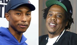 In this combination photo, Pharrell Williams attends the world premiere of &amp;quot;The Black Godfather&amp;quot; in Los Angeles on June 3, 2019, left, and Jay-Z makes an announces the launch of Dream Chasers record label in joint venture with Roc Nation in New York on July 23, 2019. Jay-Z and Pharrell Williams have teamed up to release a new song about Black ambition titled “Entrepreneur.&amp;quot; The track will be released Friday. (AP Photo)