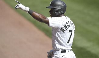 Chicago White Sox&#x27;s Tim Anderson reacts after hitting a solo home run in the fourth inning of a baseball game against the Detroit Tigers Thursday, Aug. 20, 2020, in Chicago. (AP Photo/Jeff Haynes)