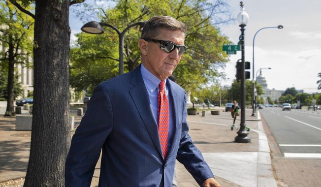 In this Sept. 10, 2019, file photo, Michael Flynn, President Donald Trump&#x27;s former national security adviser, leaves the federal court following a status conference in Washington. (AP Photo/Manuel Balce Ceneta, File)