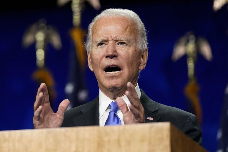 Democratic presidential candidate former Vice President Joe Biden speaks during the fourth day of the Democratic National Convention, Thursday, Aug. 20, 2020, at the Chase Center in Wilmington, Del. (AP Photo/Andrew Harnik)