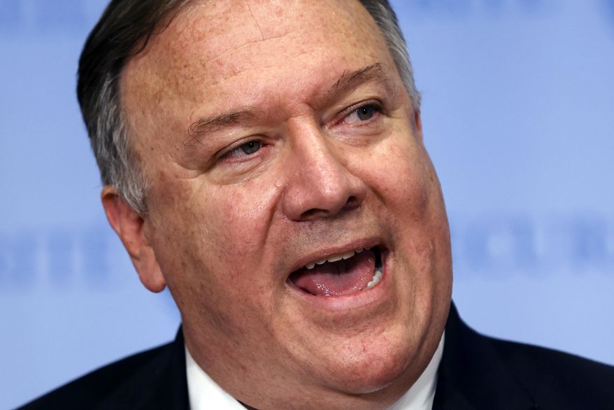 Secretary of State Mike Pompeo speaks to reporters following a meeting with members of the U.N. Security Council, Thursday, Aug. 20, 2020, at the United Nations. The Trump administration has formally notified the United Nations of its demand for all U.N. sanctions on Iran to be restored, citing significant Iranian violations of the 2015 nuclear deal.  (Mike Segar/Pool via AP)