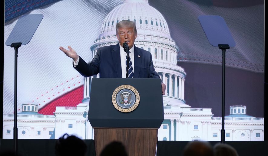 President Donald Trump speaks to the 2020 Council for National Policy Meeting, Friday, Aug. 21, 2020, in Arlington, Va. (AP Photo/Evan Vucci)