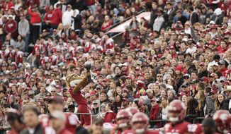 In this Nov. 16, 2019, photo, a packed crowd looks on as Washington State mascot Butch T. Cougar performs during an NCAA college football game between Washington State and Stanford in Pullman, Wash. The athletes weren&#39;t the only ones impacted when Washington State&#39;s fall football season was canceled by the coronavirus pandemic. Merchants in tiny Pullman, who depend on big football crowds, say they are losing a major chunk of their annual income. Pullman, the most remote outpost in the PAC-12, has only 34,000 residents and many businesses in town depend on visitors attracted by football games, graduation and other special events. (AP Photo/Young Kwak)
