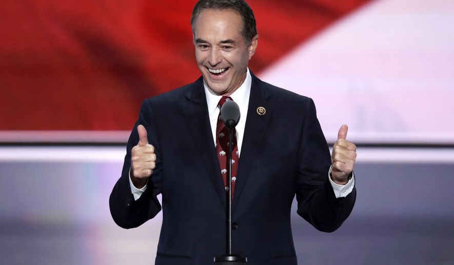 Rep. Chris Collins, R-NY., nominates Donald Trump as the Republican candidate for President during the second day of the Republican National Convention in Cleveland, Tuesday, July 19, 2016. (AP Photo/J. Scott Applewhite)