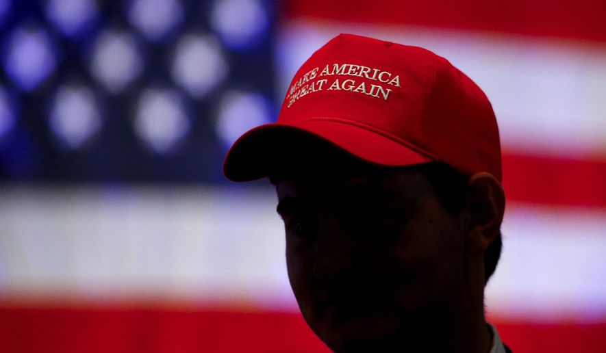 A Trump supporter wears a hat with the president&#39;s campaign slogan &quot;Make America Great Again.&quot; (AP Photo/Butch Dill) **FILE**